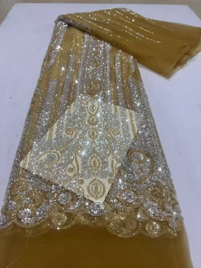 5 Yards Multi-Color Sequins Pearls Beaded Embroidered 3D Floral Lace Material Fabric ZT009
