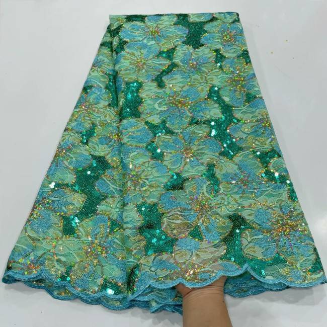 5 Yards Multi-Color Sequins Pearls Beaded Embroidered 3D Floral Lace Material Fabric ZT010