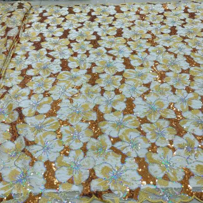 5 Yards Multi-Color Sequins Pearls Beaded Embroidered 3D Floral Lace Material Fabric ZT010