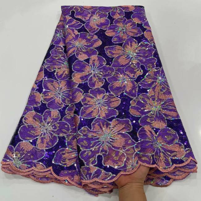 5 Yards Multi-Color Sequins Pearls Beaded Embroidered 3D Floral Lace Material Fabric ZT010