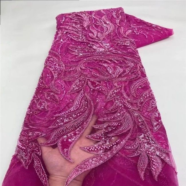 5 Yards Multi-Color Sequins Pearls Beaded Embroidered 3D Floral Lace Material Fabric ZT011