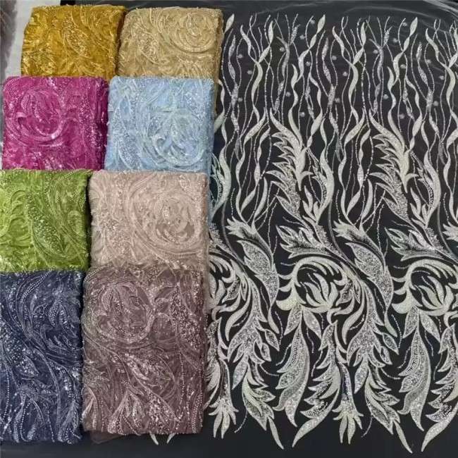 5 Yards Multi-Color Sequins Pearls Beaded Embroidered 3D Floral Lace Material Fabric ZT011
