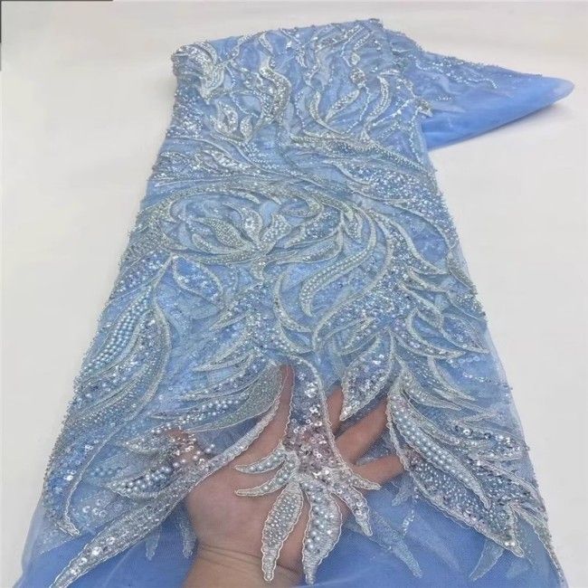 5 Yards Multi-Color Sequins Pearls Beaded Embroidered 3D Floral Lace Material Fabric ZT011