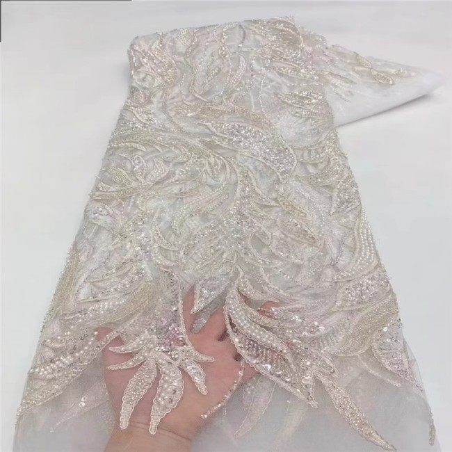 5 Yards Multi-Color Sequins Pearls Beaded Embroidered 3D Floral Lace Material Fabric ZT011