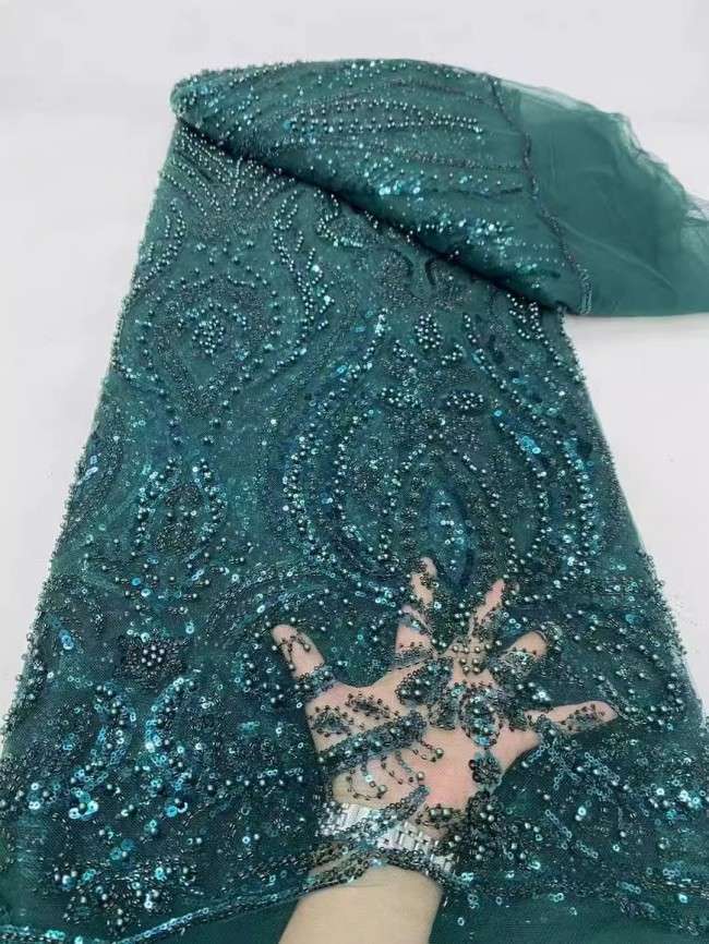 5 Yards Multi-Color Sequins Pearls Beaded Embroidered 3D Floral Lace Material Fabric ZT013