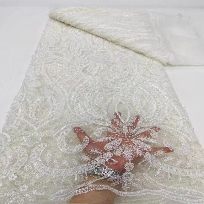 5 Yards Multi-Color Sequins Pearls Beaded Embroidered 3D Floral Lace Material Fabric ZT013