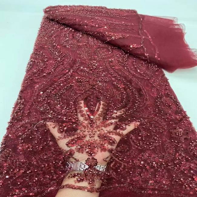 5 Yards Multi-Color Sequins Pearls Beaded Embroidered 3D Floral Lace Material Fabric ZT013