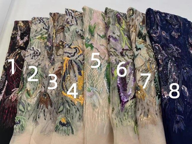 5 Yards Multi-Color Sequins Pearls Beaded Embroidered 3D Floral Lace Material Fabric ZT014