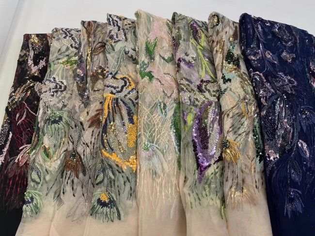 5 Yards Multi-Color Sequins Pearls Beaded Embroidered 3D Floral Lace Material Fabric ZT014
