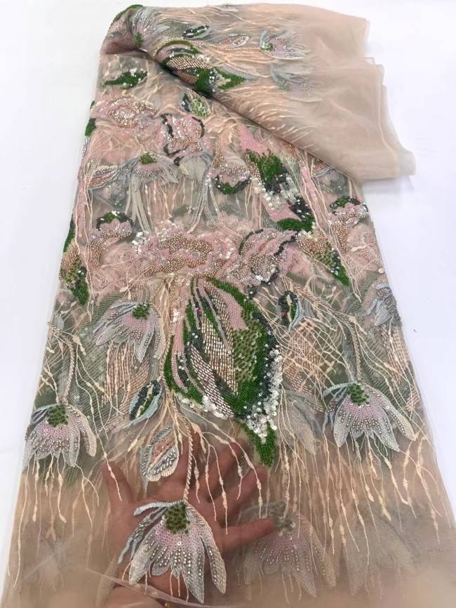 5 Yards Multi-Color Sequins Pearls Beaded Embroidered 3D Floral Lace Material Fabric ZT014