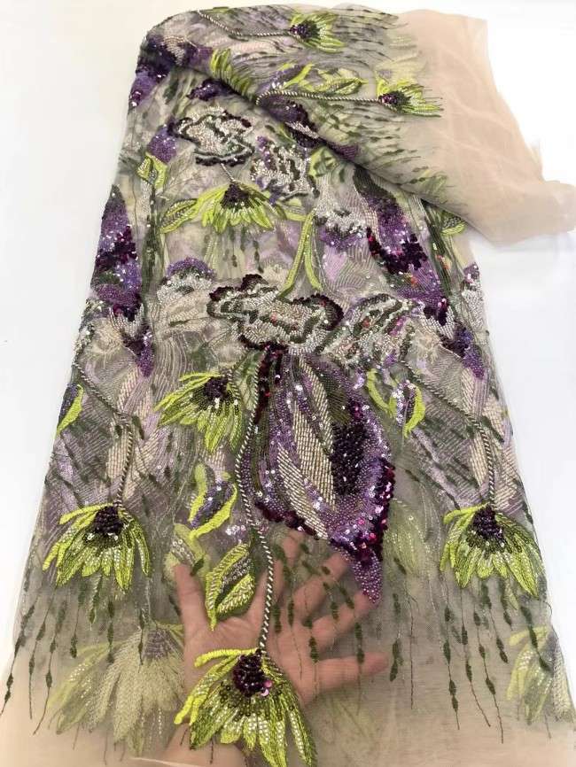 5 Yards Multi-Color Sequins Pearls Beaded Embroidered 3D Floral Lace Material Fabric ZT014