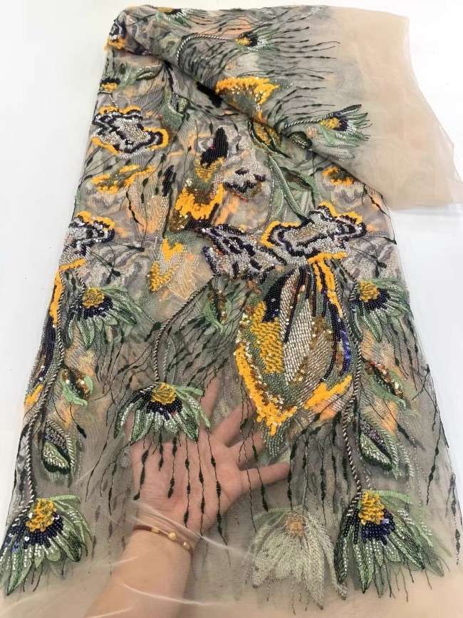 5 Yards Multi-Color Sequins Pearls Beaded Embroidered 3D Floral Lace Material Fabric ZT014