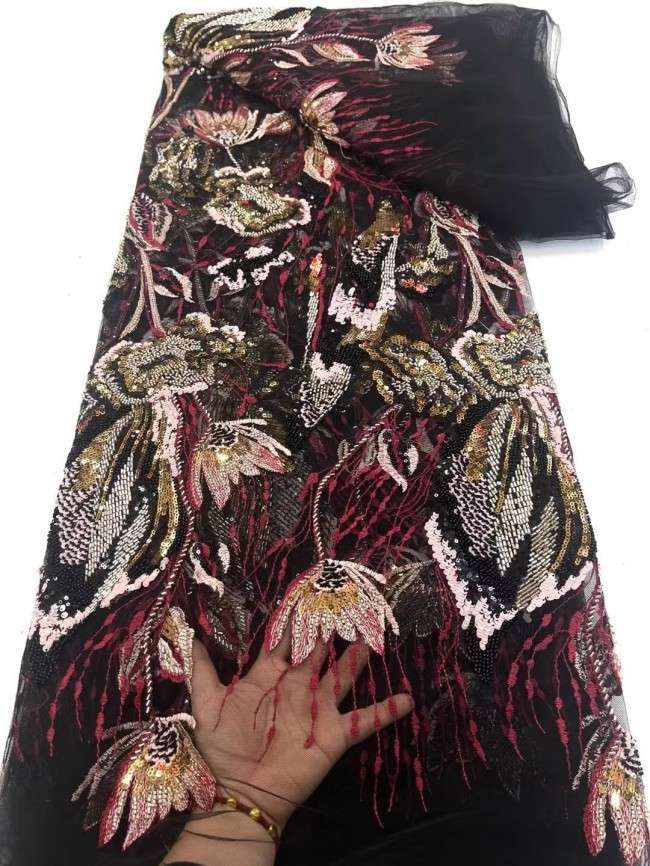 5 Yards Multi-Color Sequins Pearls Beaded Embroidered 3D Floral Lace Material Fabric ZT014