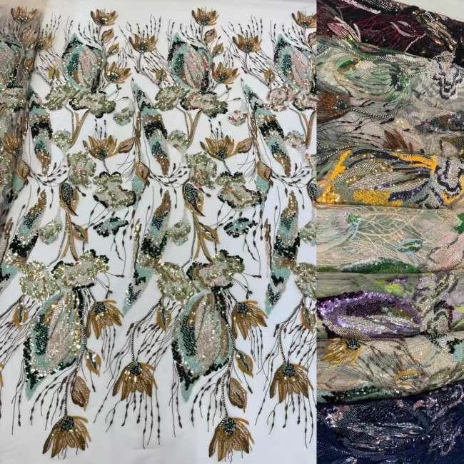 5 Yards Multi-Color Sequins Pearls Beaded Embroidered 3D Floral Lace Material Fabric ZT014