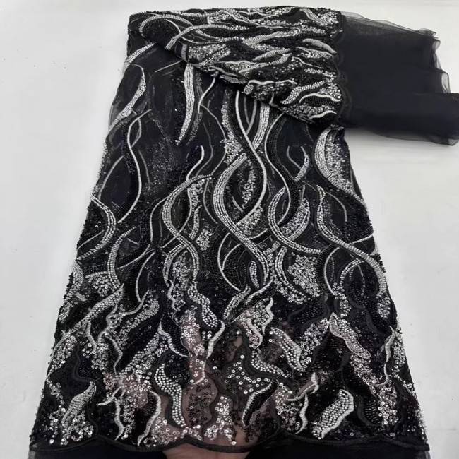 5 Yards Multi-Color Sequins Pearls Beaded Embroidered 3D Floral Lace Material Fabric ZT019