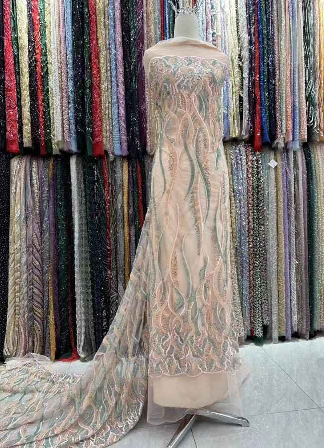 5 Yards Multi-Color Sequins Pearls Beaded Embroidered 3D Floral Lace Material Fabric ZT019