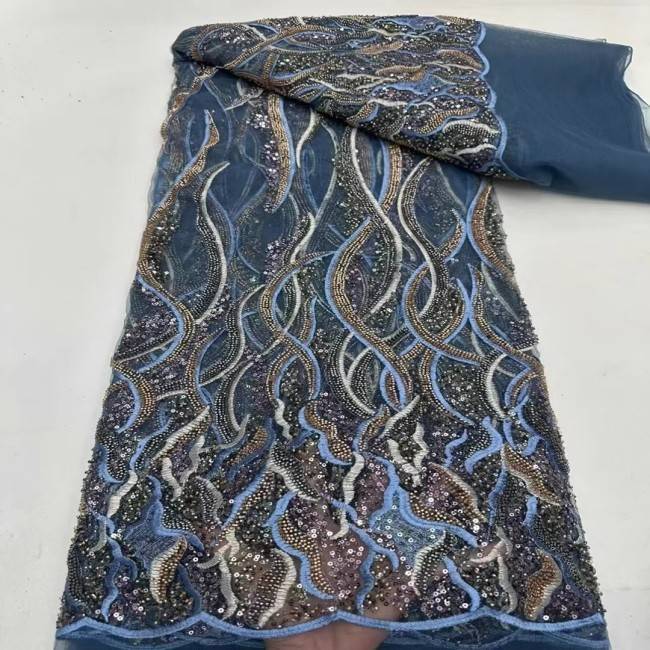 5 Yards Multi-Color Sequins Pearls Beaded Embroidered 3D Floral Lace Material Fabric ZT019