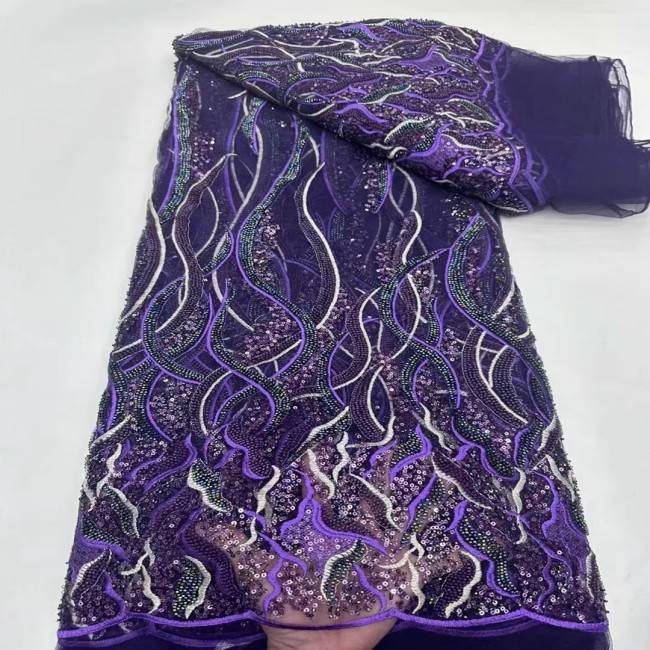 5 Yards Multi-Color Sequins Pearls Beaded Embroidered 3D Floral Lace Material Fabric ZT019