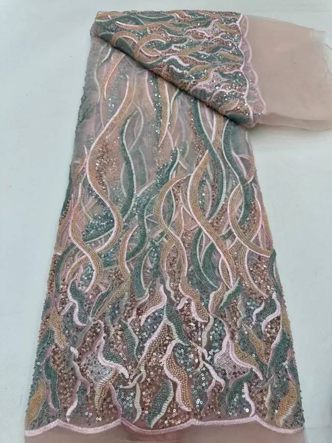 5 Yards Multi-Color Sequins Pearls Beaded Embroidered 3D Floral Lace Material Fabric ZT019