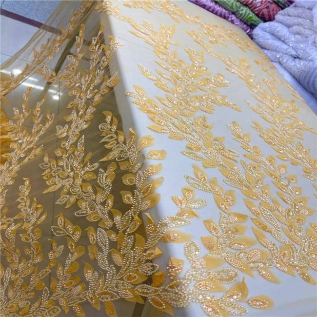 5 Yards Multi-Color Sequins Pearls Beaded Embroidered 3D Floral Lace Material Fabric ZT020