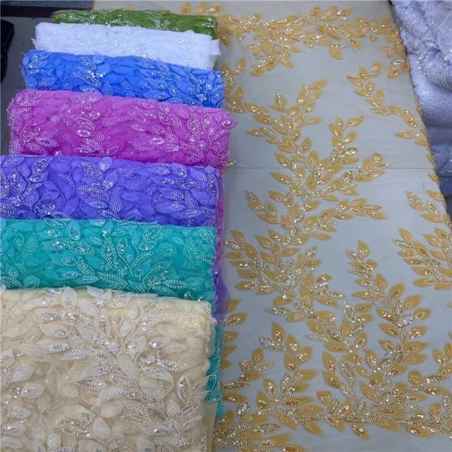 5 Yards Multi-Color Sequins Pearls Beaded Embroidered 3D Floral Lace Material Fabric ZT020