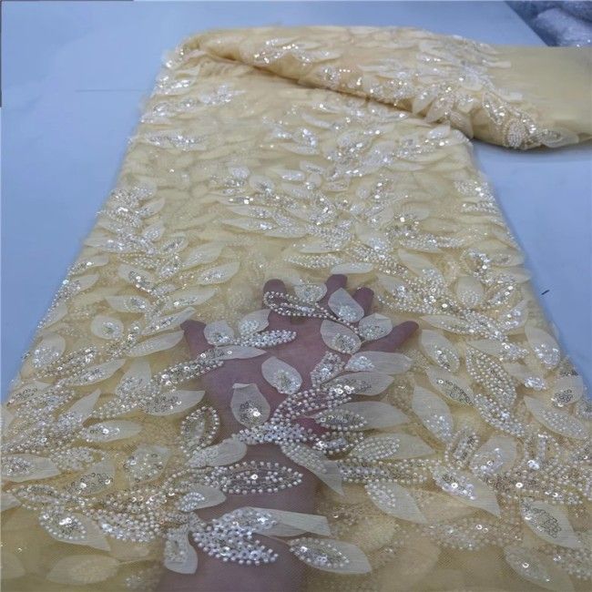 5 Yards Multi-Color Sequins Pearls Beaded Embroidered 3D Floral Lace Material Fabric ZT020
