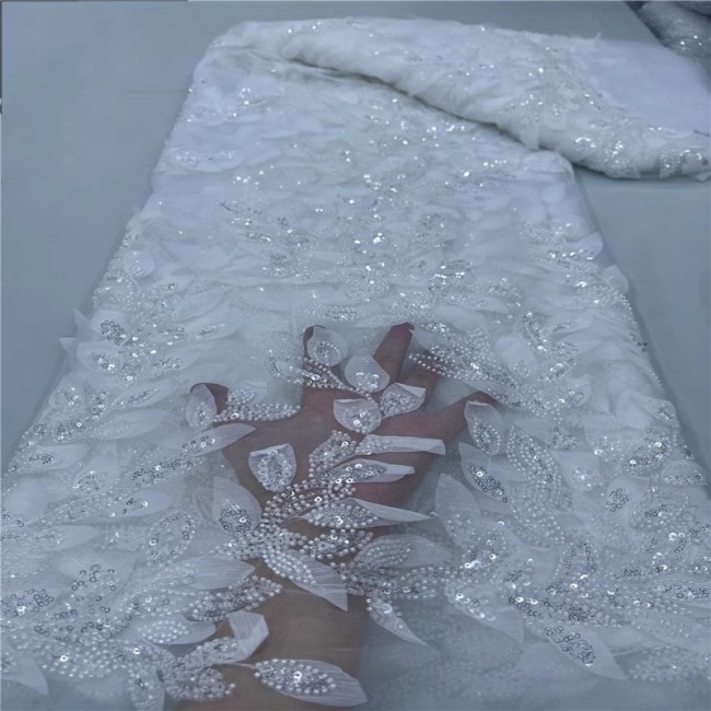 5 Yards Multi-Color Sequins Pearls Beaded Embroidered 3D Floral Lace Material Fabric ZT020