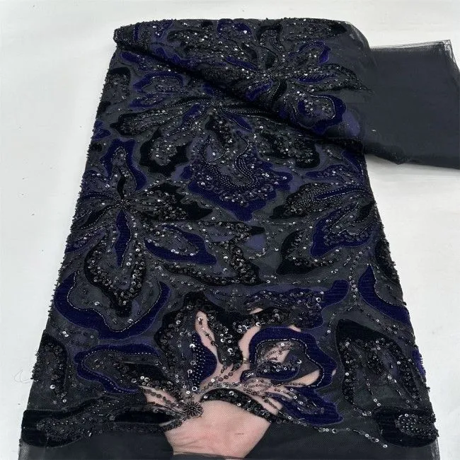 5 Yards Multi-Color Sequins Pearls Beaded Embroidered 3D Floral Lace Material Fabric ZT024
