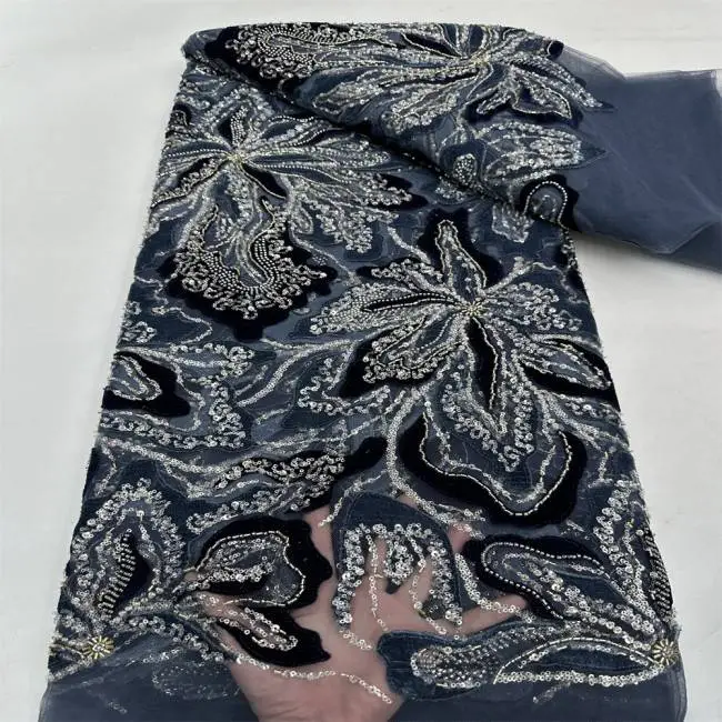 5 Yards Multi-Color Sequins Pearls Beaded Embroidered 3D Floral Lace Material Fabric ZT024