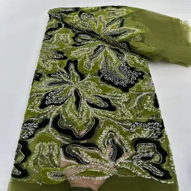 5 Yards Multi-Color Sequins Pearls Beaded Embroidered 3D Floral Lace Material Fabric ZT024