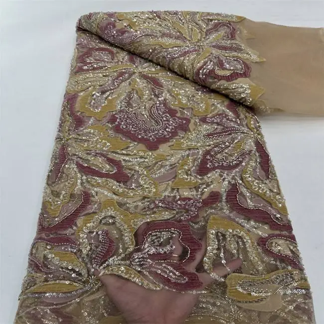 5 Yards Beaded Multi-Colored 3D Floral Lace Material Fabric ZT024
