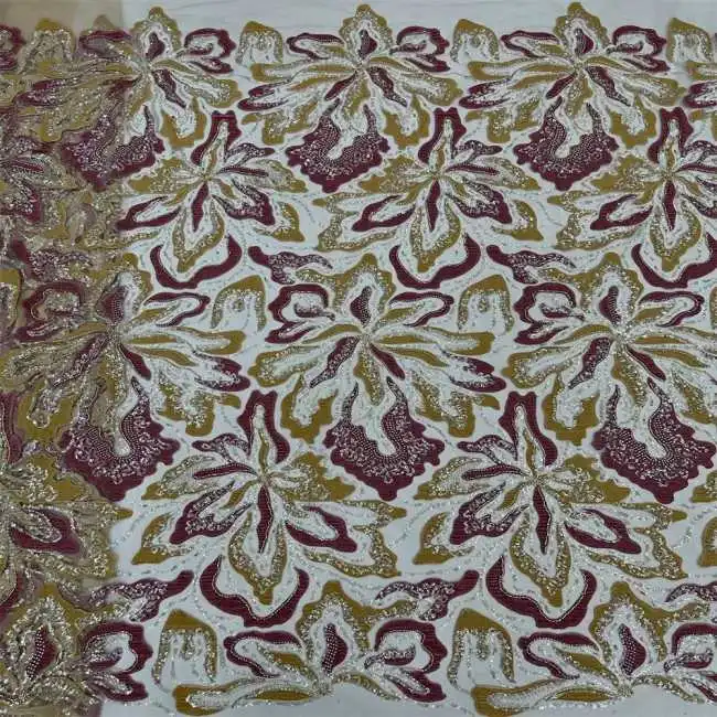 5 Yards Multi-Color Sequins Pearls Beaded Embroidered 3D Floral Lace Material Fabric ZT024