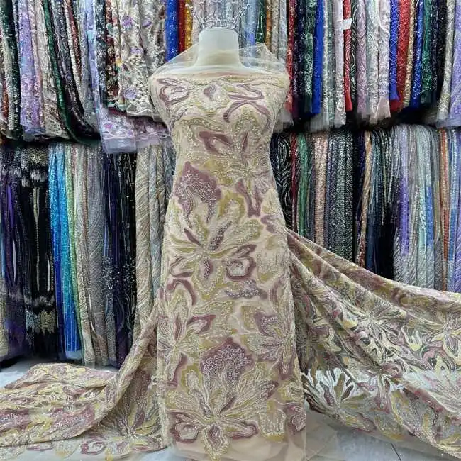 5 Yards Multi-Color Sequins Pearls Beaded Embroidered 3D Floral Lace Material Fabric ZT024
