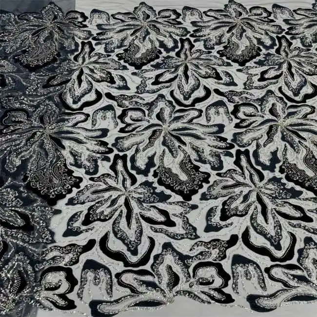 5 Yards Multi-Color Sequins Pearls Beaded Embroidered 3D Floral Lace Material Fabric ZT024
