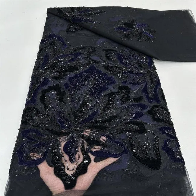 5 Yards Multi-Color Sequins Pearls Beaded Embroidered 3D Floral Lace Material Fabric