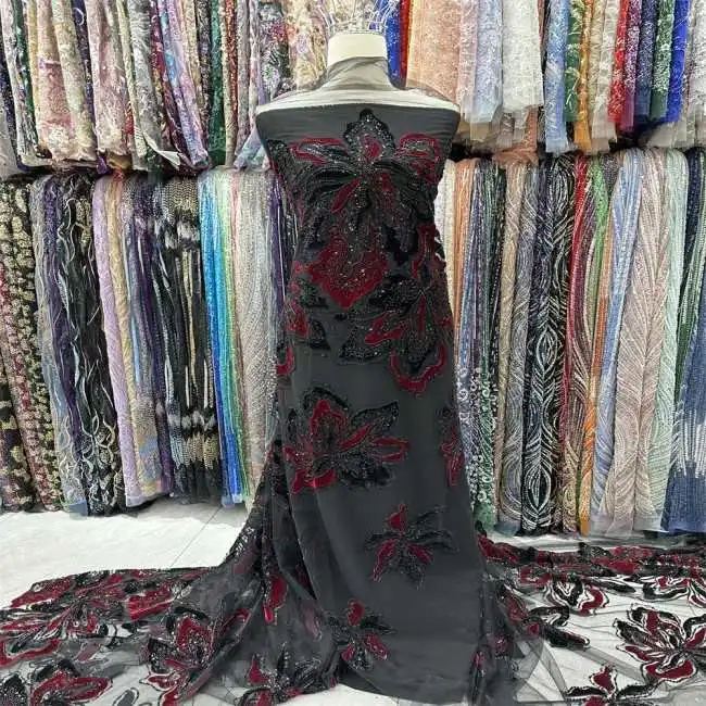 5 Yards Multi-Color Sequins Pearls Beaded Embroidered 3D Floral Lace Material Fabric