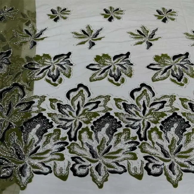 5 Yards Multi-Color Sequins Pearls Beaded Embroidered 3D Floral Lace Material Fabric