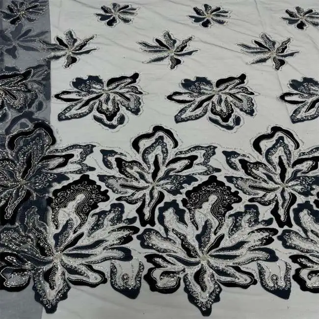 5 Yards Multi-Color Sequins Pearls Beaded Embroidered 3D Floral Lace Material Fabric