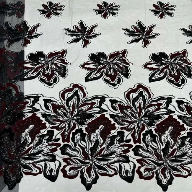 5 Yards Multi-Color Sequins Pearls Beaded Embroidered 3D Floral Lace Material Fabric
