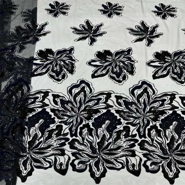 5 Yards Multi-Color Sequins Pearls Beaded Embroidered 3D Floral Lace Material Fabric