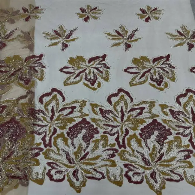 5 Yards Multi-Color Sequins Pearls Beaded Embroidered 3D Floral Lace Material Fabric