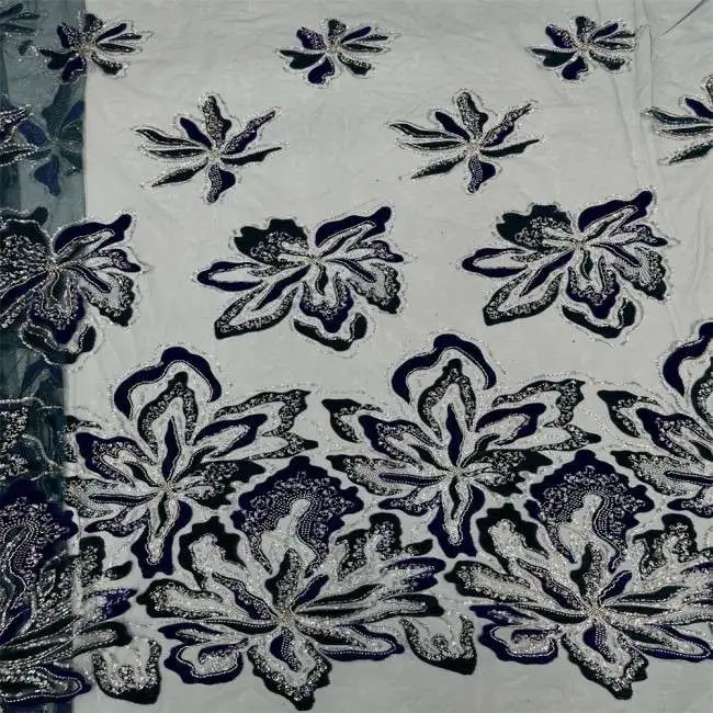 5 Yards Multi-Color Sequins Pearls Beaded Embroidered 3D Floral Lace Material Fabric