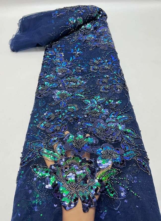 5 Yards Multi-Color Sequins Pearls Beaded Embroidered 3D Floral Lace Material Fabric ZT029