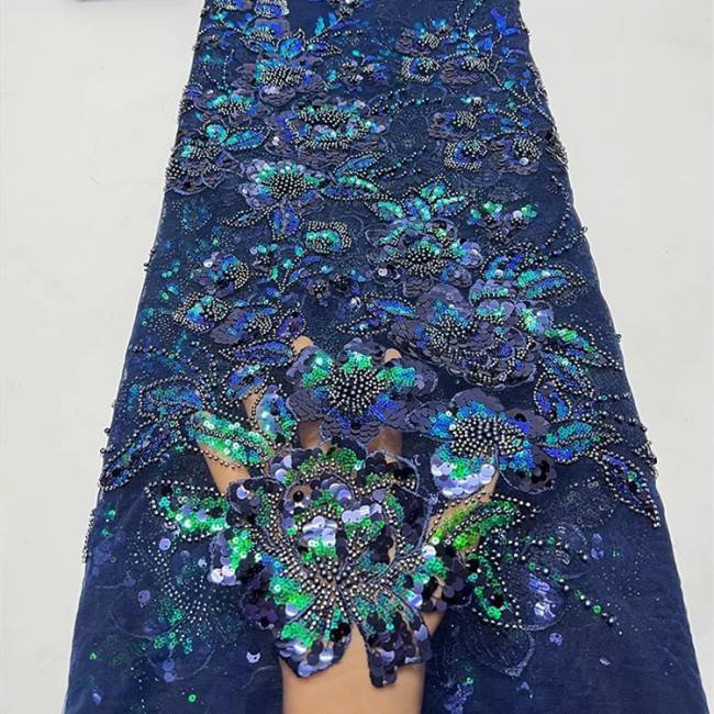 5 Yards Multi-Color Sequins Pearls Beaded Embroidered 3D Floral Lace Material Fabric ZT029