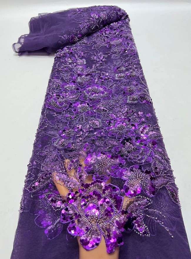 5 Yards Multi-Color Sequins Pearls Beaded Embroidered 3D Floral Lace Material Fabric ZT029