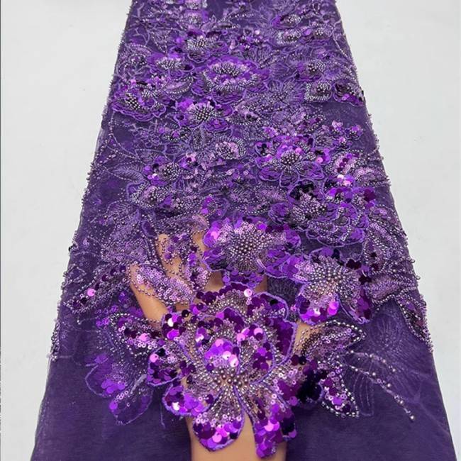 5 Yards Multi-Color Sequins Pearls Beaded Embroidered 3D Floral Lace Material Fabric ZT029