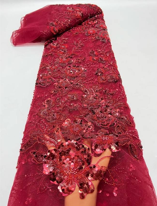 5 Yards Multi-Color Sequins Pearls Beaded Embroidered 3D Floral Lace Material Fabric ZT029