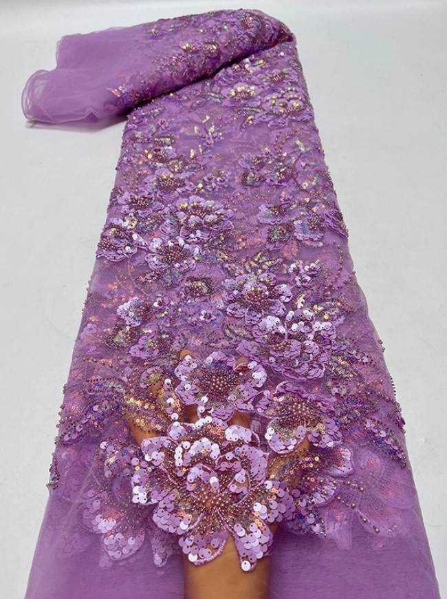 5 Yards Multi-Color Sequins Pearls Beaded Embroidered 3D Floral Lace Material Fabric ZT029