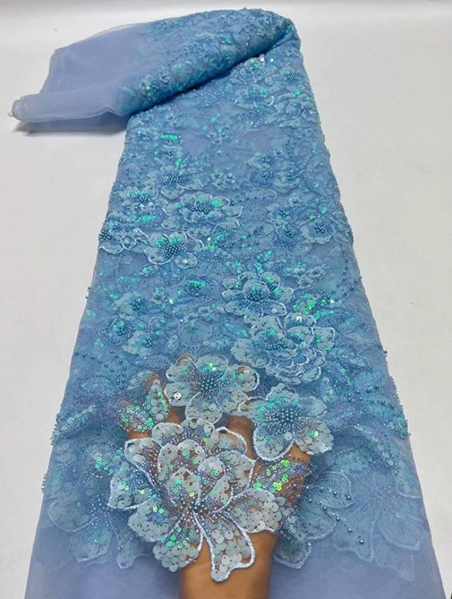 5 Yards Multi-Color Sequins Pearls Beaded Embroidered 3D Floral Lace Material Fabric ZT029