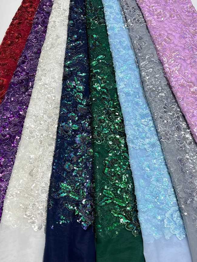 5 Yards Multi-Color Sequins Pearls Beaded Embroidered 3D Floral Lace Material Fabric ZT029